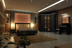 Interior design of big modern Bedroom in artificial lighting. 3D rendering